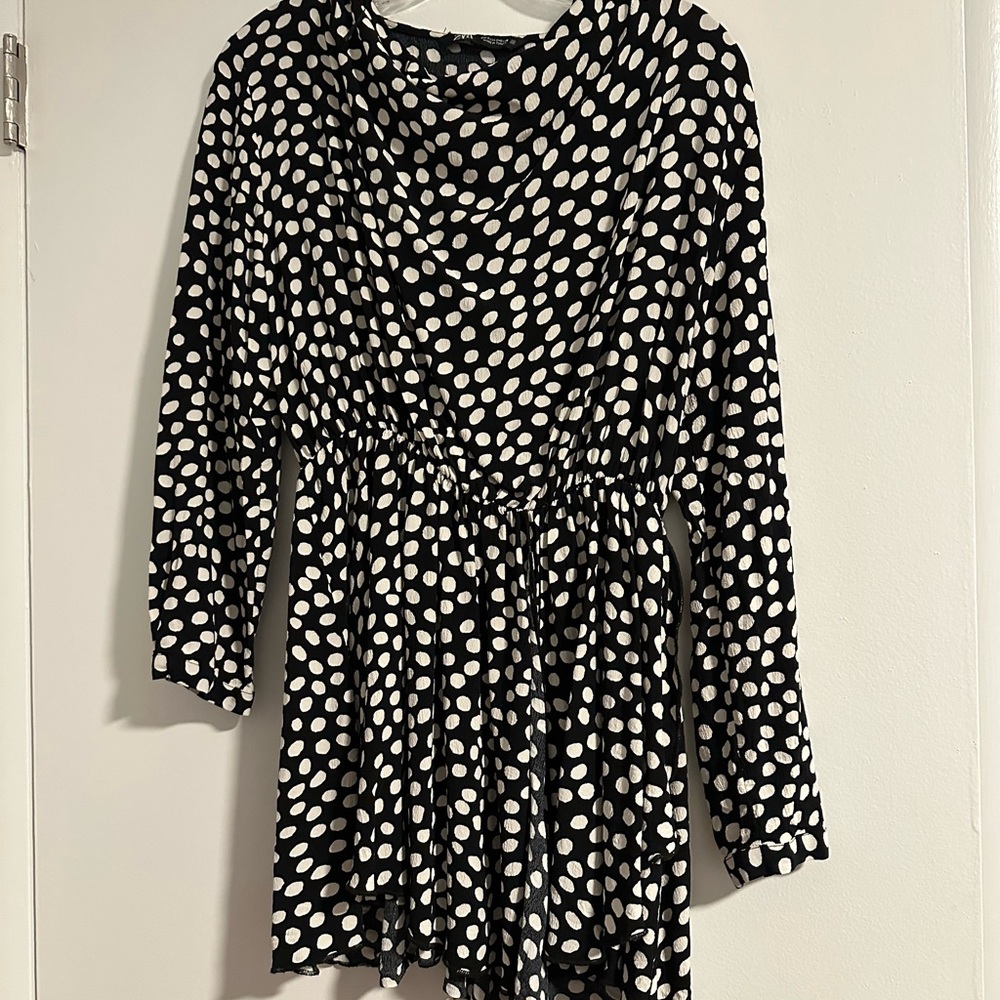ZARA Women's Black Polka Dot Long Sleeves Round Neck Pleated Mini Dress Size S
